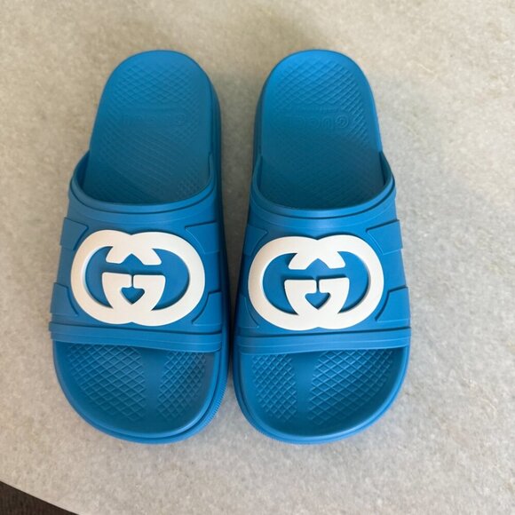 GUCCI 780296 Blue Rubber Men's GG Sandals, sz Gucci 7, 6 - Picture 3 of 11